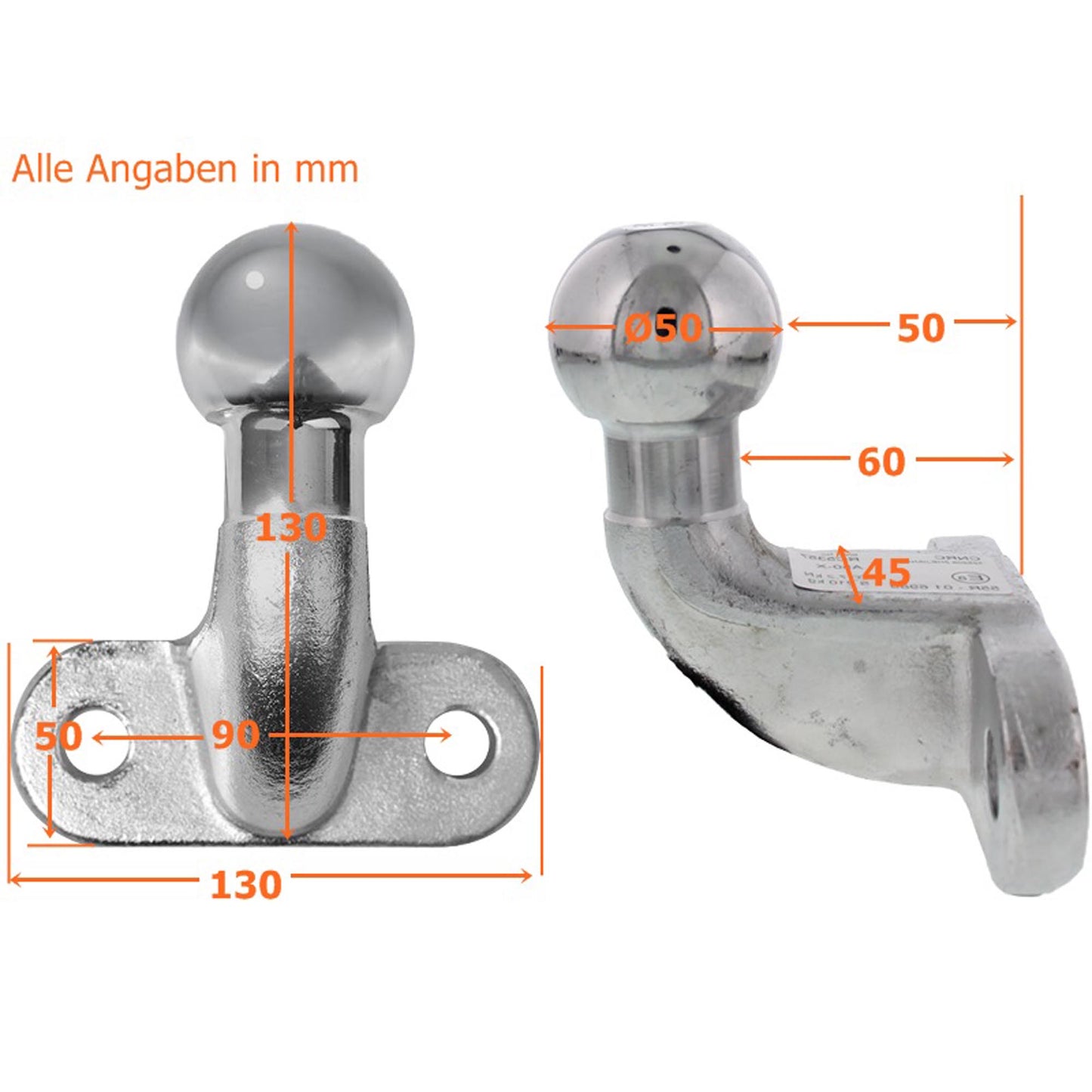 3500kg Anhänger Kugelkopf mit Flansch "Lange Version" E13
