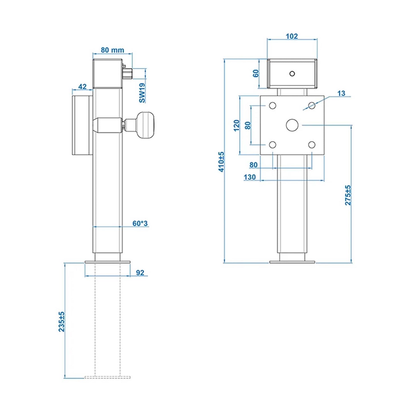 Ausdrehstütze 60x60mm klappbar 410 - 655mm FH 42mm 1300kg mit Schraubensatz - TMN - shop.de