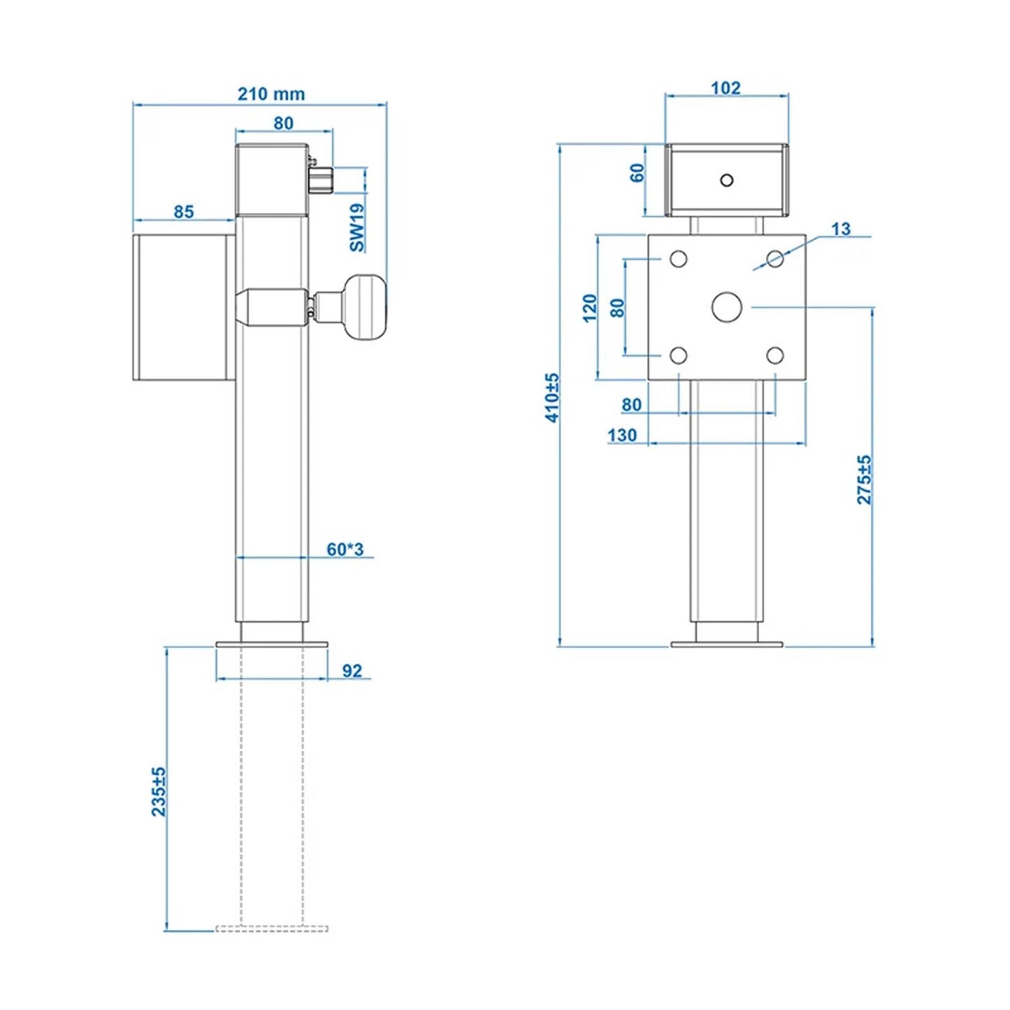 Ausdrehstütze 60x60mm klappbar 410 - 655mm FH 85 mm 1300kg mit Schraubensatz - TMN - shop.de