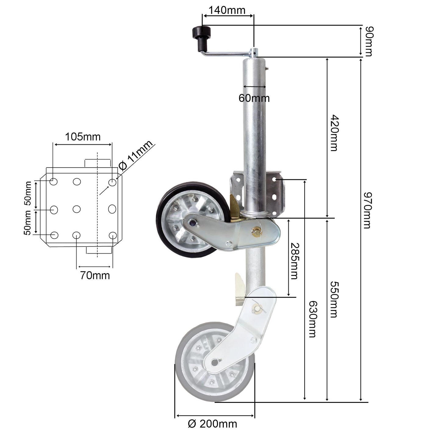 Stützrad 500KG TD60V 200x50 erhöhte Tragfähigkeit inkl. Befestigungsschrauben