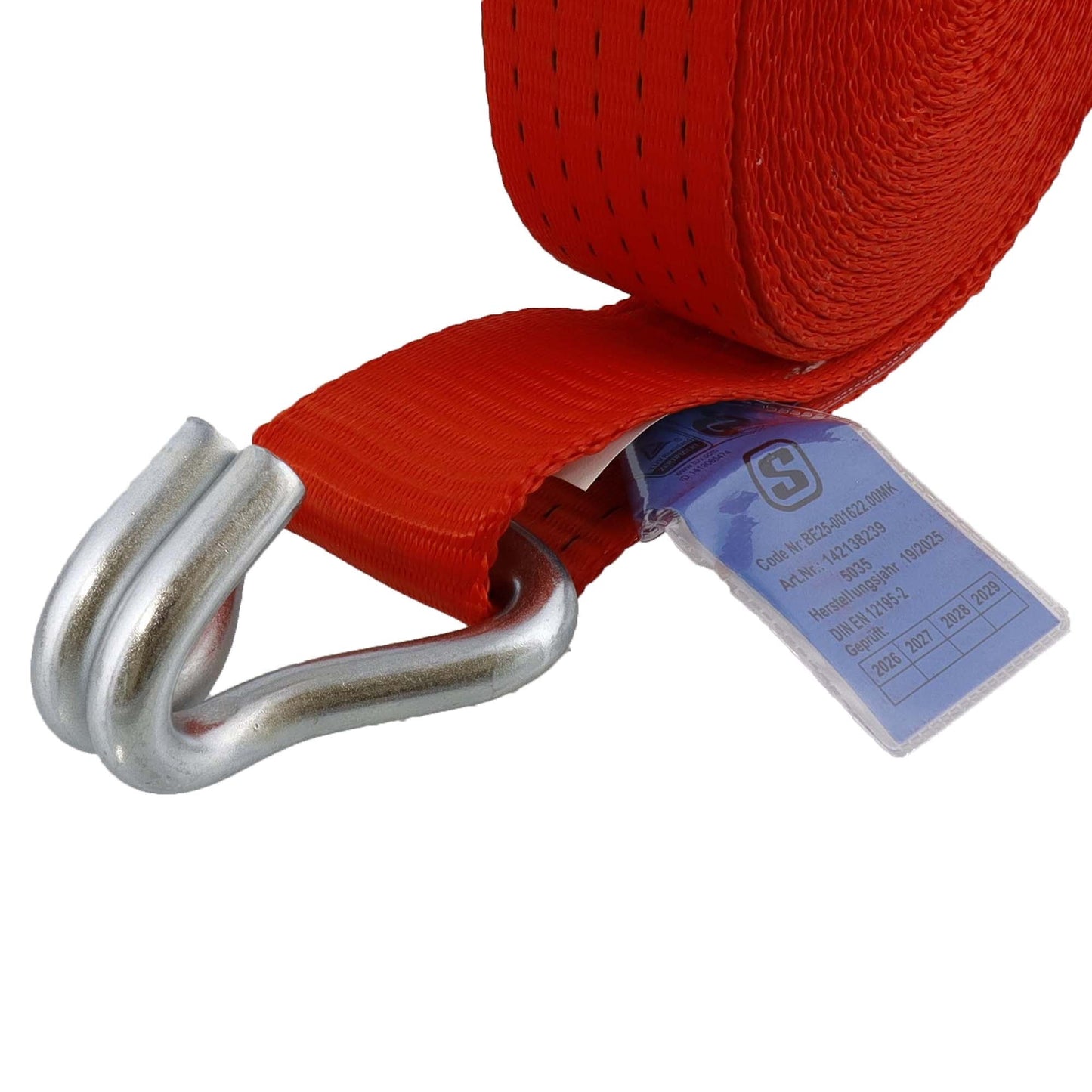 S - Line Zurrgurt 5035, 8 m, Festende 0,5 m, Losende 7,5 m, zweiteilig, mit Druckratsche R50E1 und Spitzhaken doppelt 5002, Gewebe 50 mm, rot, LC 2500 daN im geraden Zug/5000 daN in der Umreifung, STF 350 daN, Dehnung < 5 % - TMN - shop.de