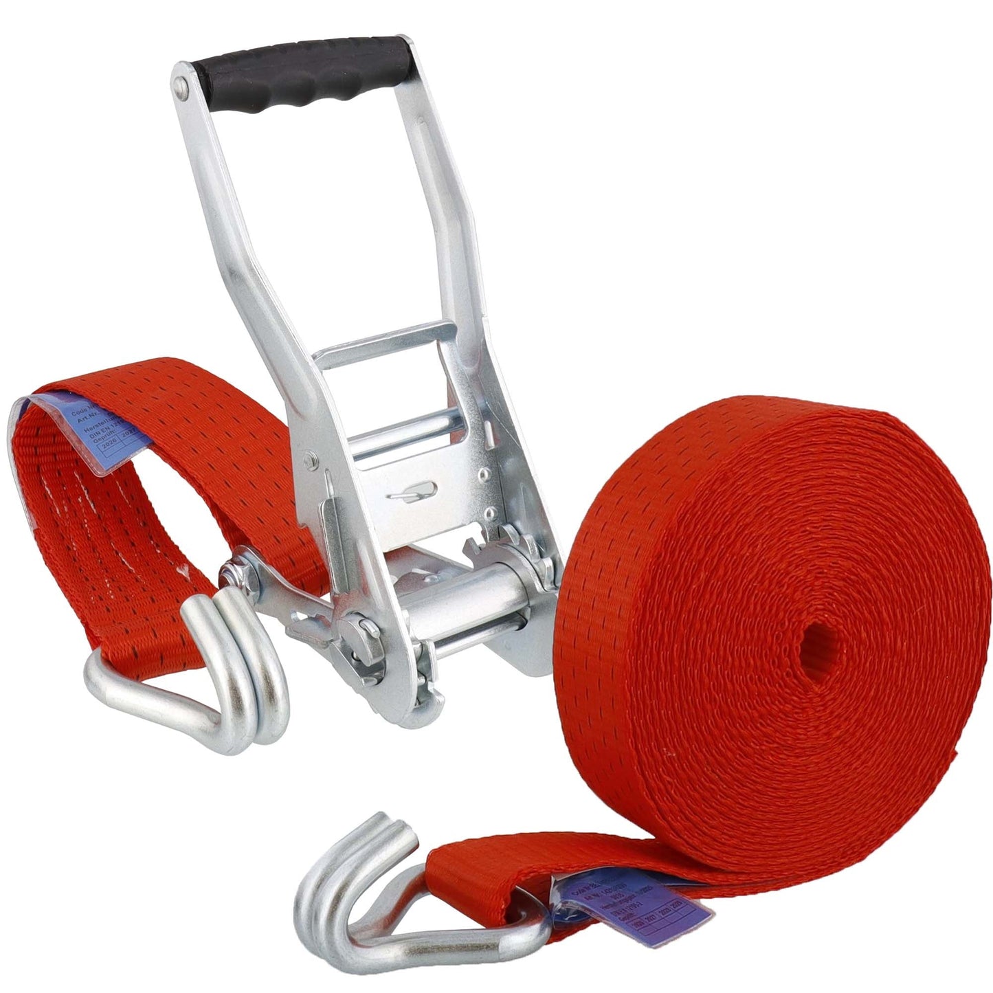 S - Line Zurrgurt 5035, 8 m, Festende 0,5 m, Losende 7,5 m, zweiteilig, mit Druckratsche R50E1 und Spitzhaken doppelt 5002, Gewebe 50 mm, rot, LC 2500 daN im geraden Zug/5000 daN in der Umreifung, STF 350 daN, Dehnung < 5 % - TMN - shop.de