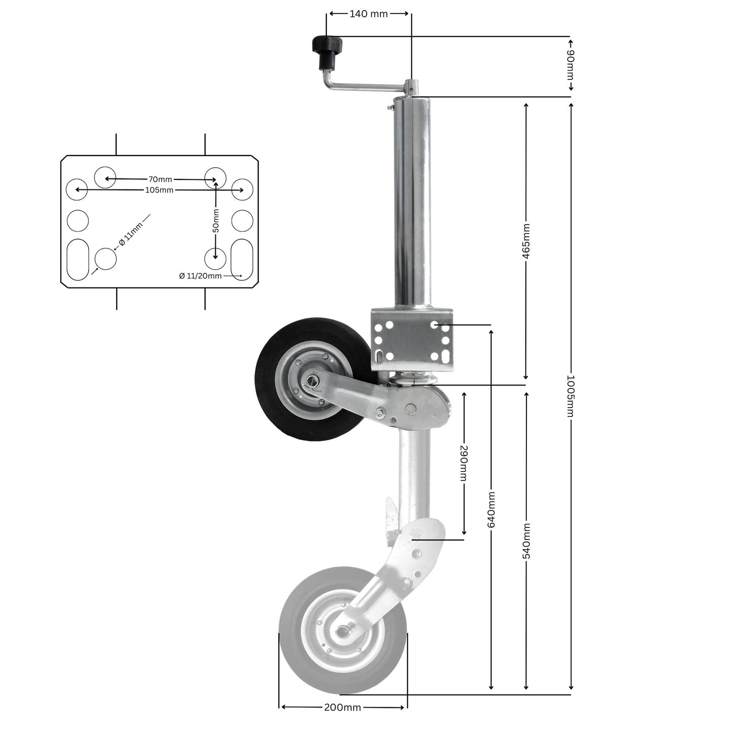 Trailer automatic jockey wheel 60mm 400kg vertical load