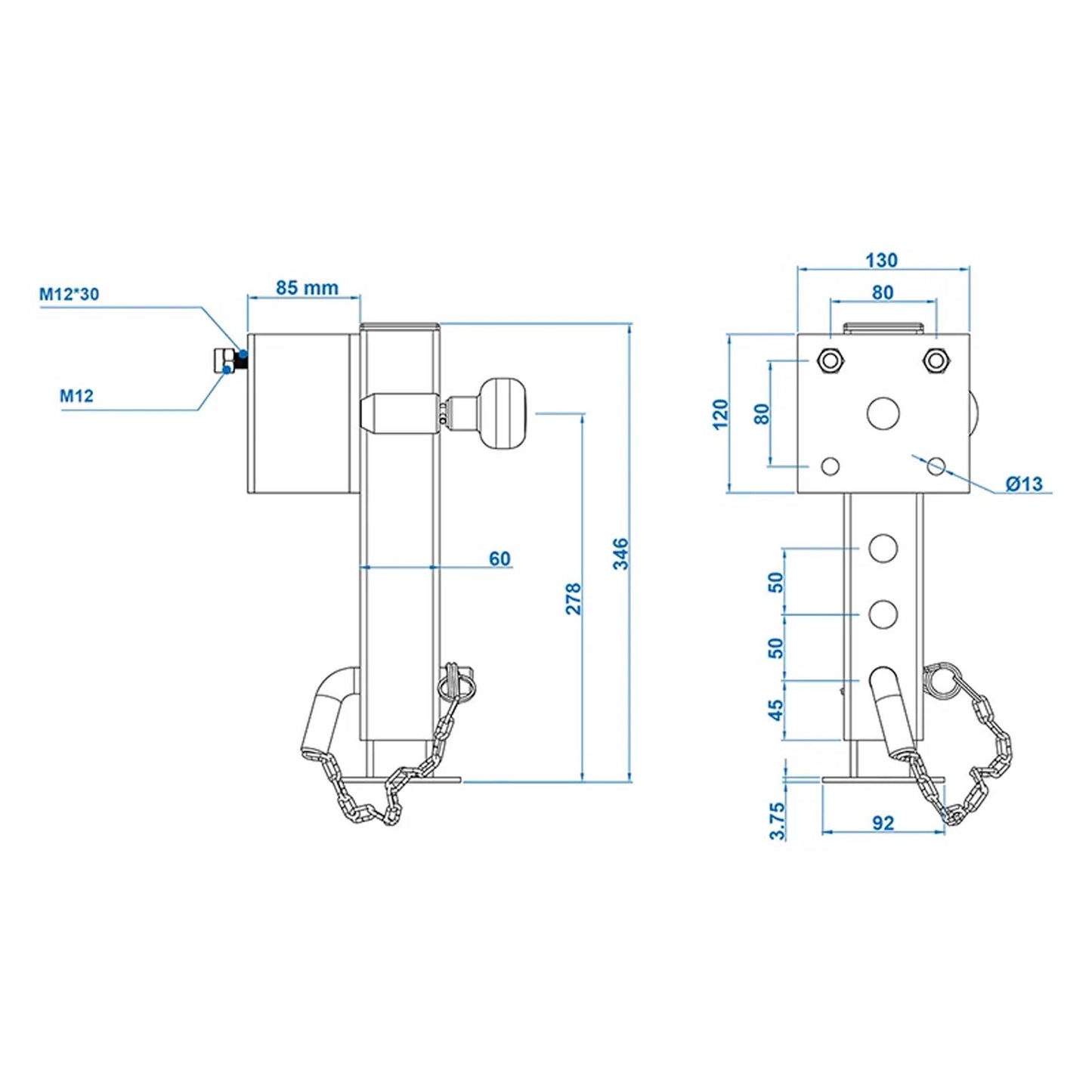 Parking support 60x60mm tiltable 346-546 mm 1300 kg with screw set 