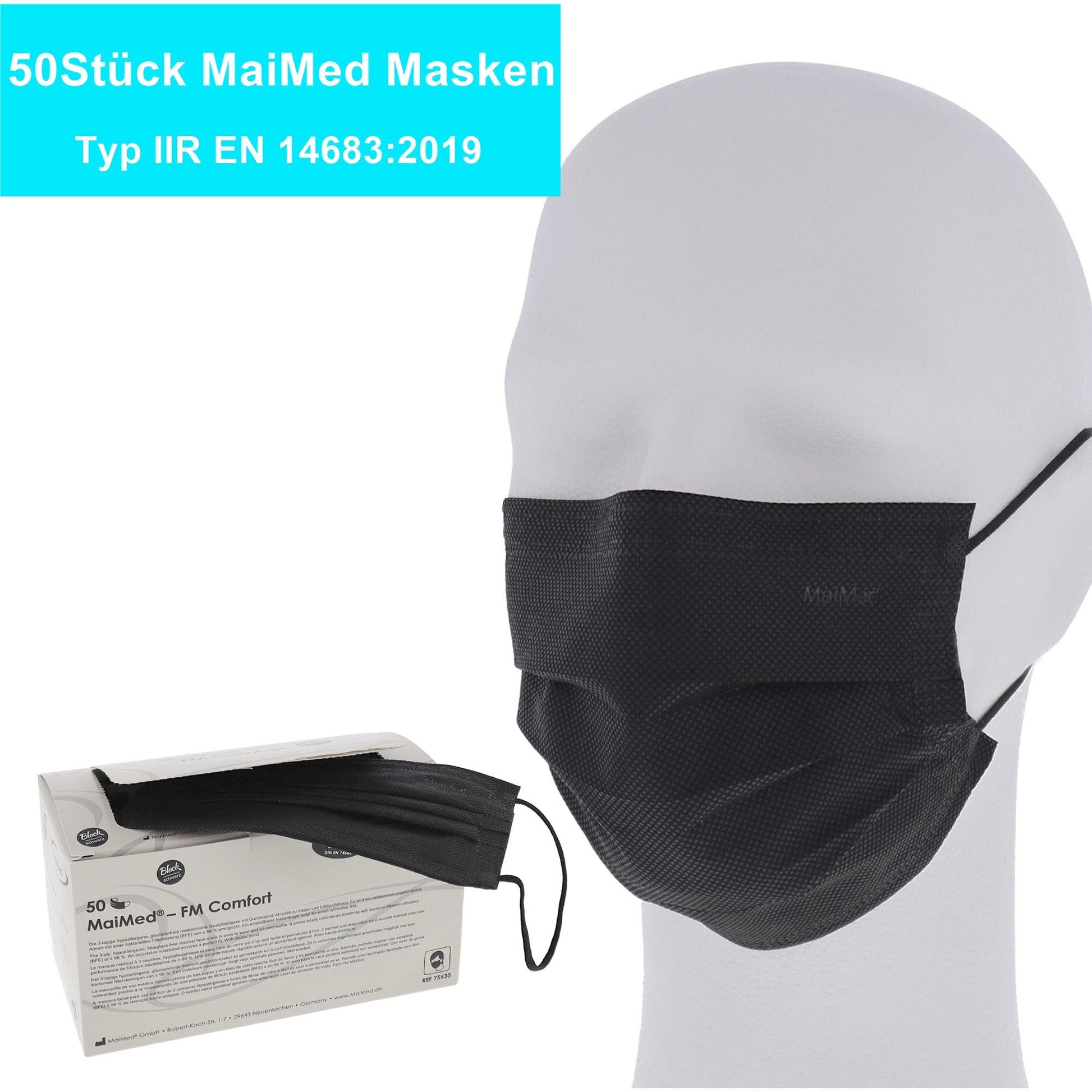 50x MaiMed FM Comfort OP-Maske 3-lagig Schwarz Typ II EN 14683:2019 - TMN-shop.de