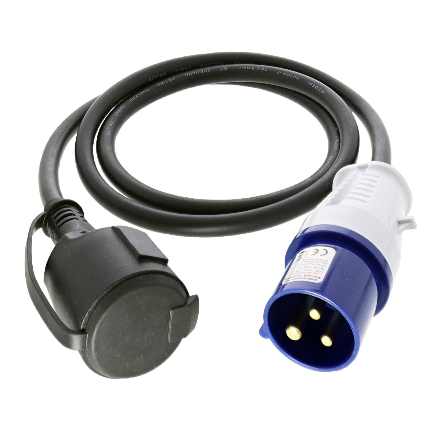 Adapterkabel CEE-Stecker auf Schuko-Kupplung 1,5m 3x2,5mm² H07RNG 230V IP44 - TMN-shop.de