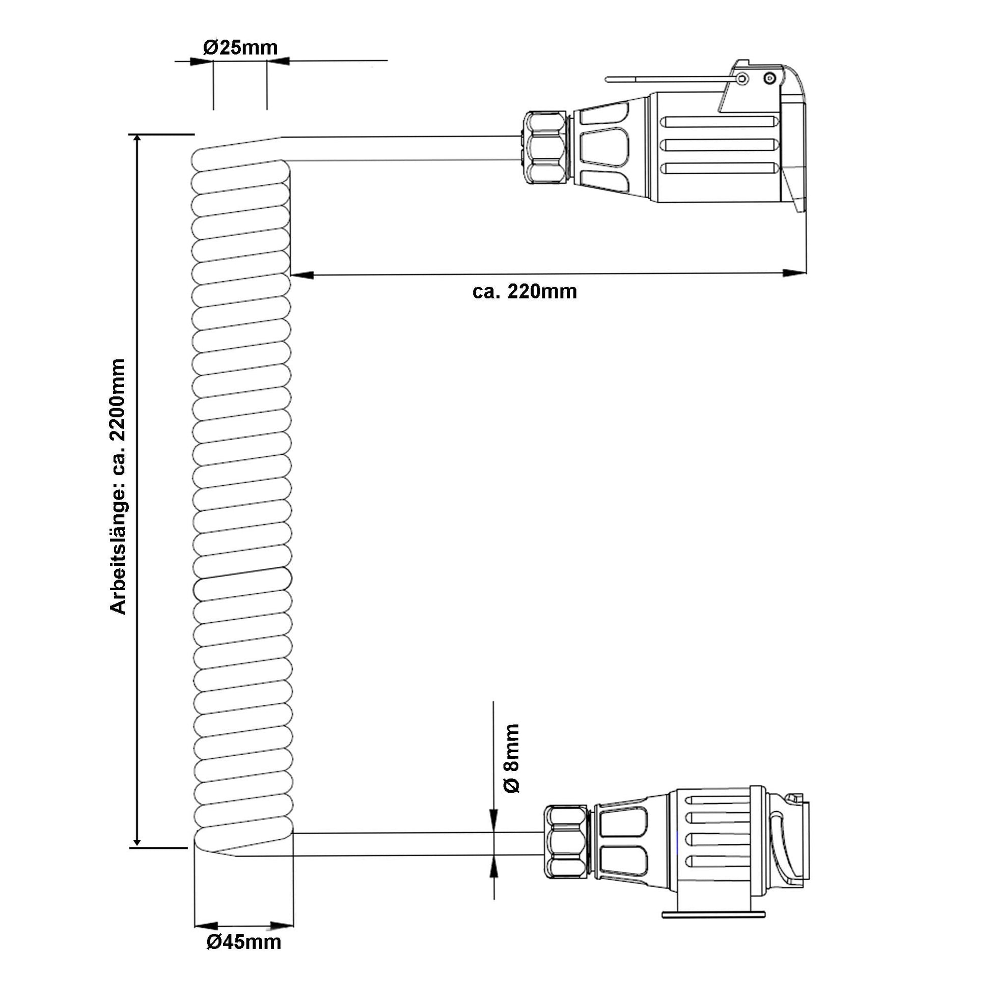 Anhänger Spiral-Verlängerungskabel Stecker/Dose 13-polig mit 8-adrigen Kabel - TMN-shop.de