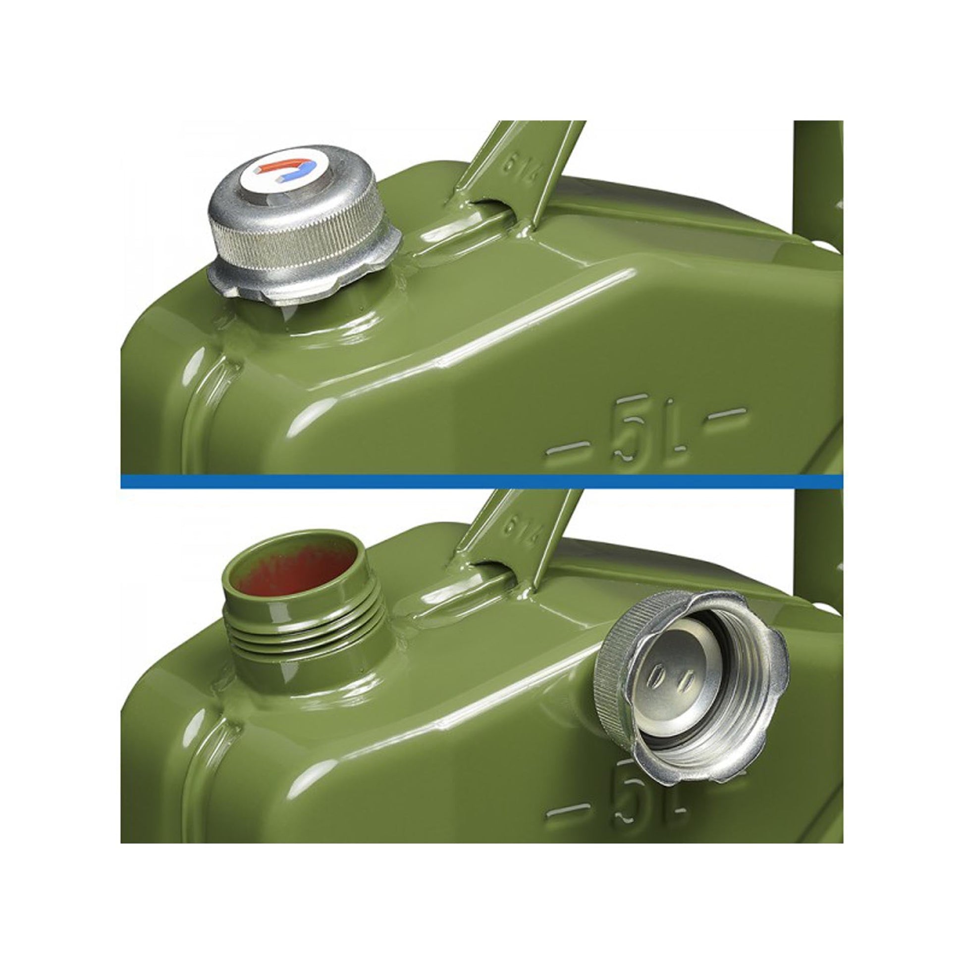 Benzinkanister 5L metall grün mit magnetischem Schraubverschluss UN- &  TüV/GS-geprüft –
